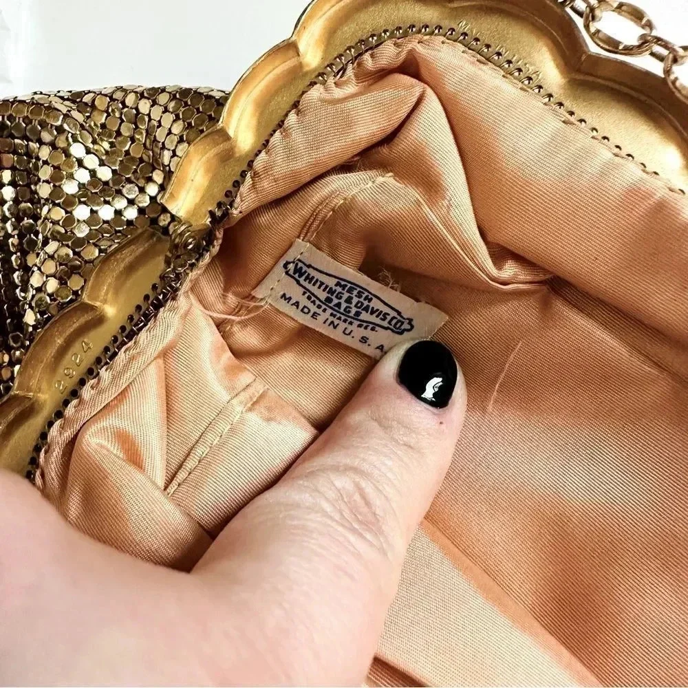 Whiting & Davis Co Vintage Golden Mesh Bag With Rhinestone/Jeweled Clasp